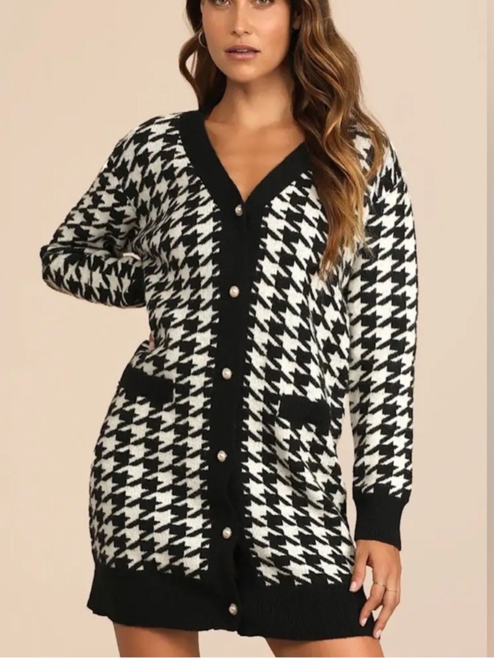 LULUS WOMENS TRULY ICONIC HOUNDSTOOTH BLACK AND WHITE SWEATER MINI DRESS MEDIUM